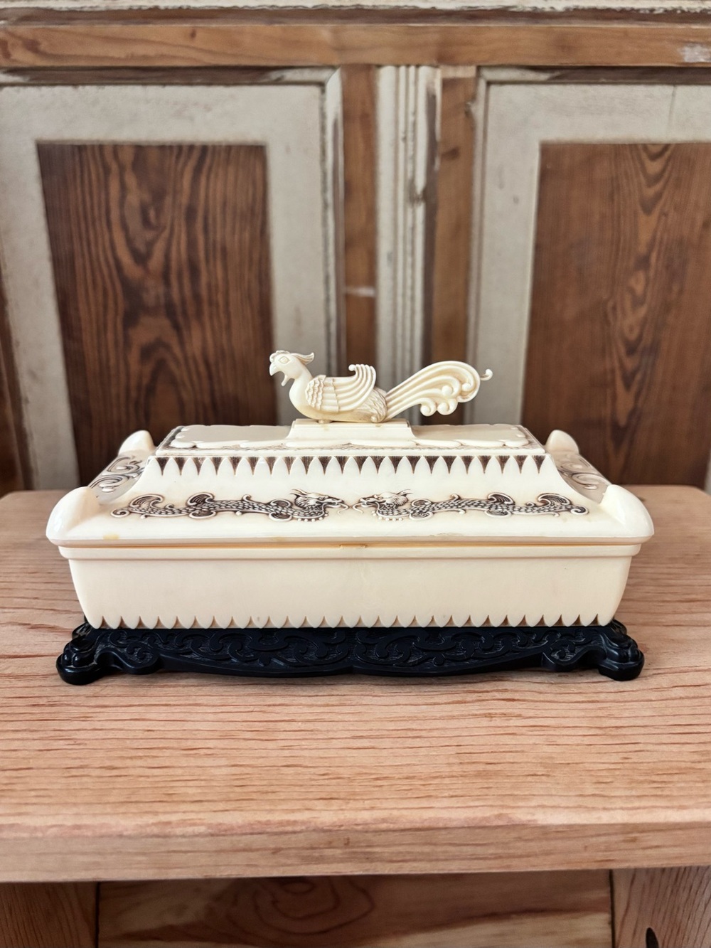 Vintage Celluloid Decorative Lidded Trinket Box with Rooster and Dragon Accents.